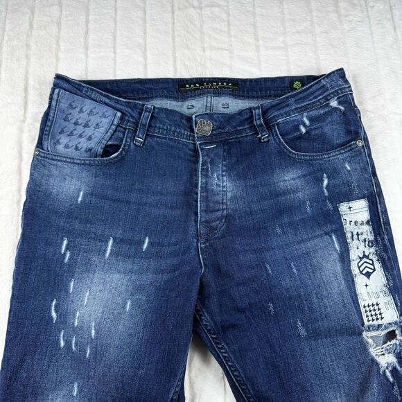 Ron Tomson Logo Graphic Distressed Jeans Men 34x30 Slim Straight Stretch Luxury - Picture 10 of 16